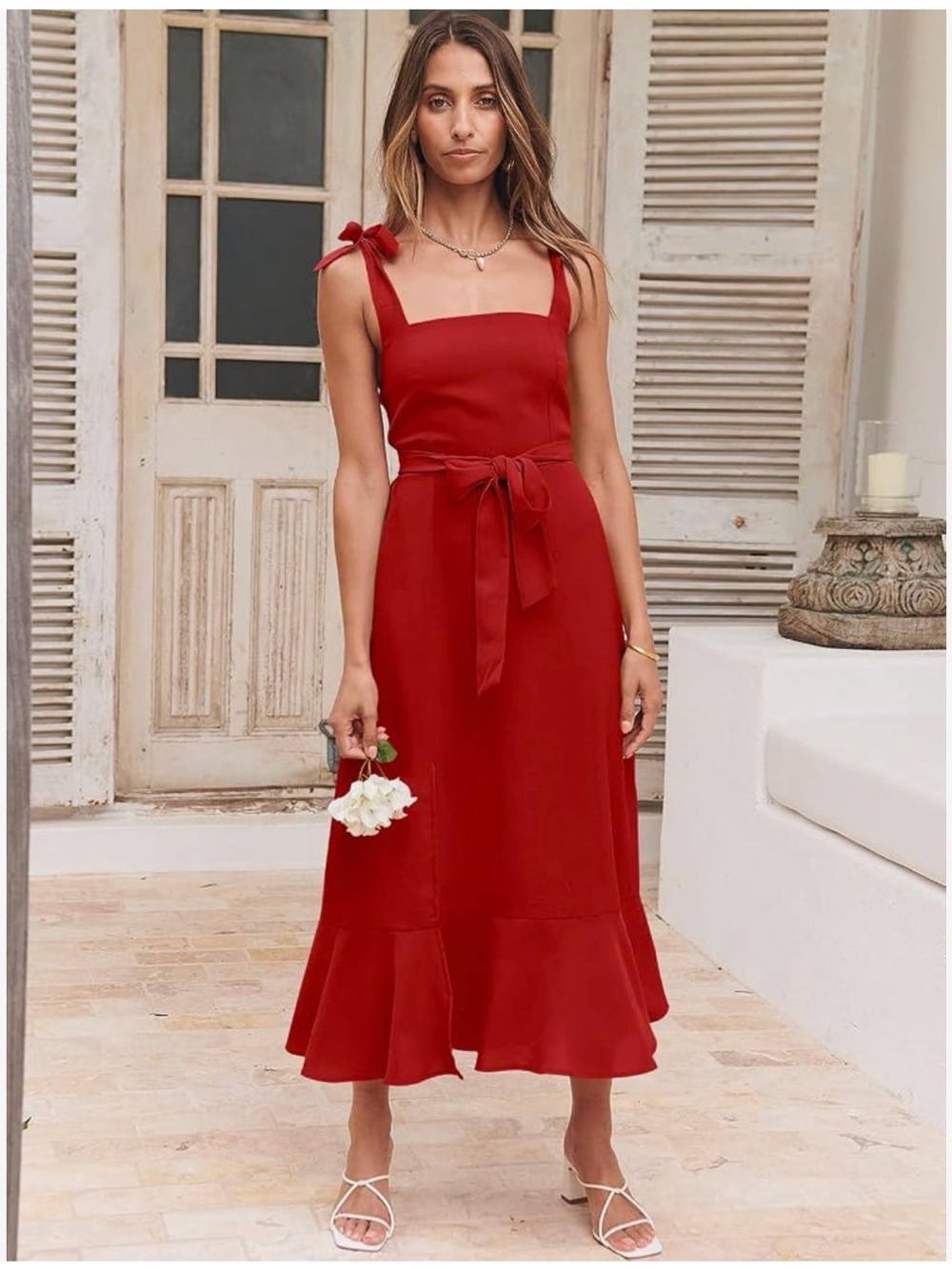 Anrabess Formal Red Tie-Shoulder Midi Dress